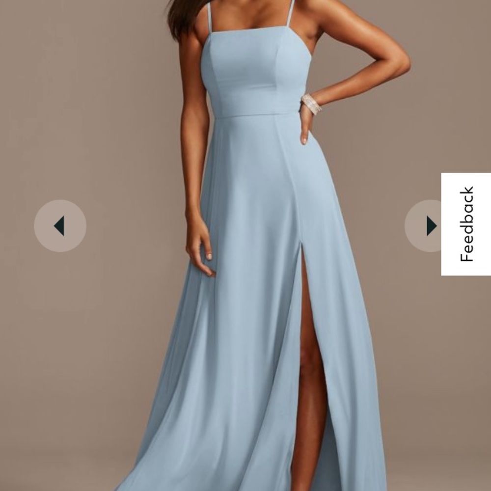 David's Bridal spaghetti strap chiffon bridesmaid dress with slit